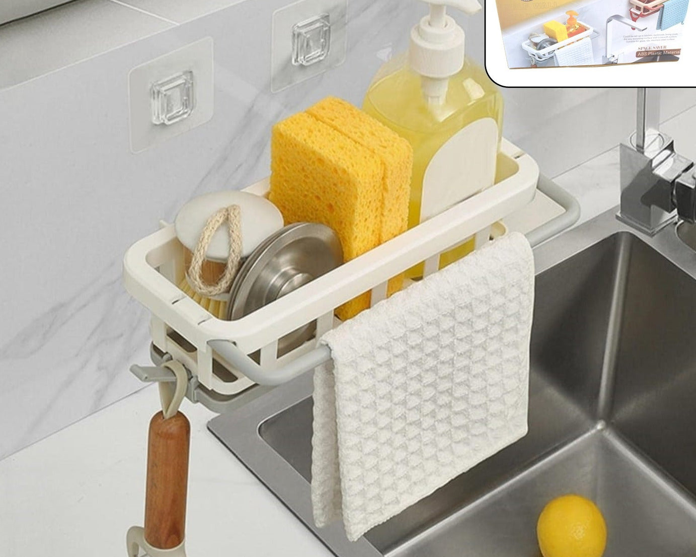 Multipurpose Platic Hanging Drain Rack Retractable Sponge Storage Hanging Rack With Adhesive Hook for Kitchen and Bathroom Dishcloth Holders Basket Drying Tray Organizer