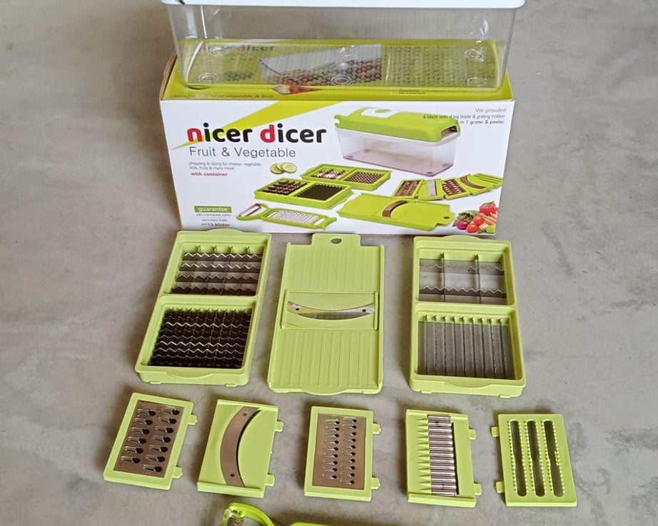 Plastic 13-in-1 grater and slicer with various tools for kitchen use