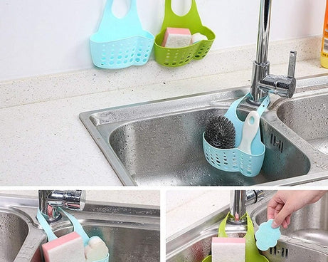 Adjustable sink basket for organizing and draining water from kitchen or bathroom essentials.