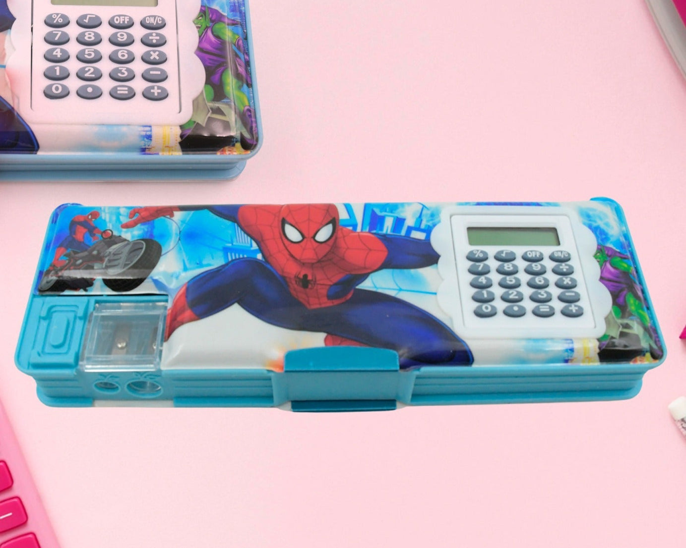 4260 Art & Stationery Cartoon Multi-functional Geometry Box for Boys with Inbuilt Calculator, 2 Sides Open and Double Sharpener Stationery Kit Pencil Box for Boys Art Plastic Pencil Box  for Girls and Boys