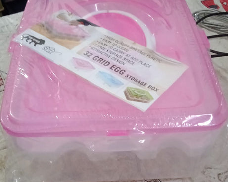 2Layer, 32 Grid Egg Tray with Lid Egg Carrier Holder for Refrigerator, Camping Food Storage Container with Handle (1 Pc )