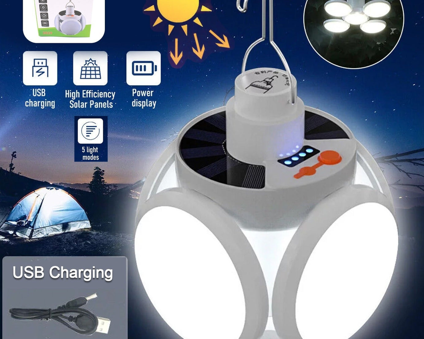 Solar Multi-Functional Emergency LED Light Bulb with USB Charging, LED camping lamp, camping lamp, USB rechargeable, 5 brightness light modes, foldable camping light, SOS IP65 waterproof camping light, blackout emergency equipment, camping gadgets