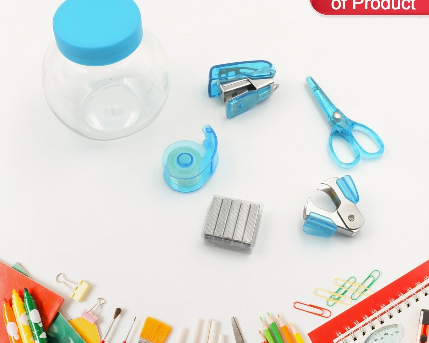 4143 Mini Office Stationery Set, Including Stapler, Scissors, Paper Clips, Tape Dispenser, Transparent Tape, And Staples