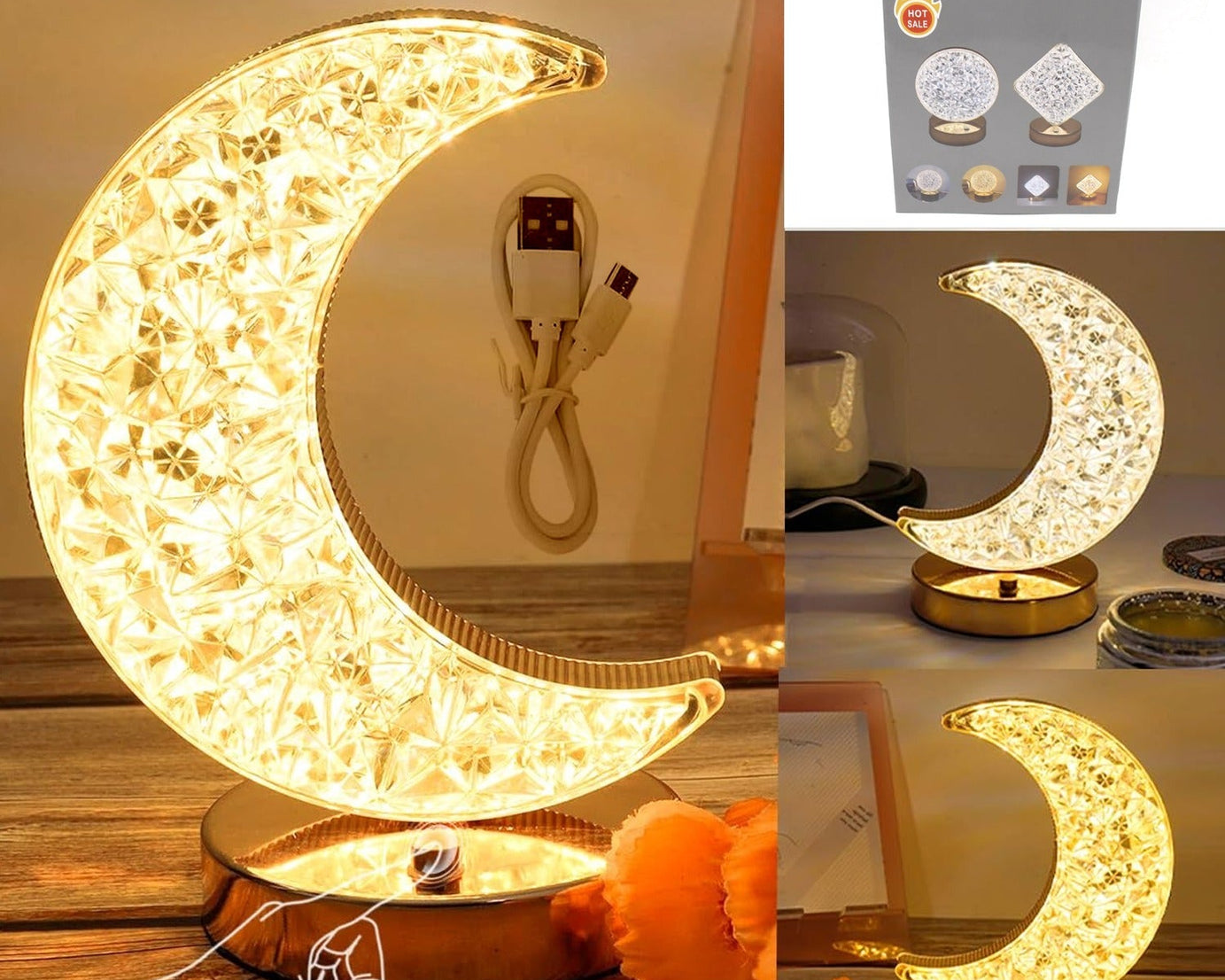 Crystal Table Lamp | Moon Shape Touch Control Lamp with 3 Color | Metal Bedside Lamp for Kids Bedroom Romantic Desktop Nightstand | Stepless Dimming USB Charging Touch Night Light