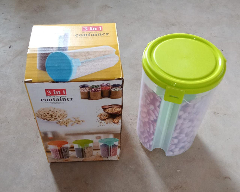 Airtight, transparent storage container with three sections and color box for storage.