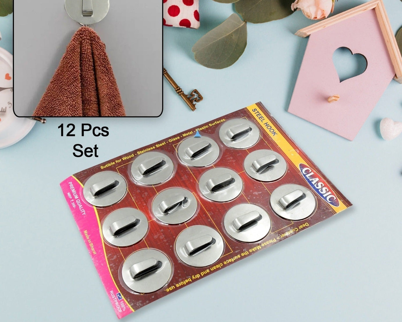Self-Adhesive Wall Hooks (12 Pcs): Steel, Multipurpose for Home