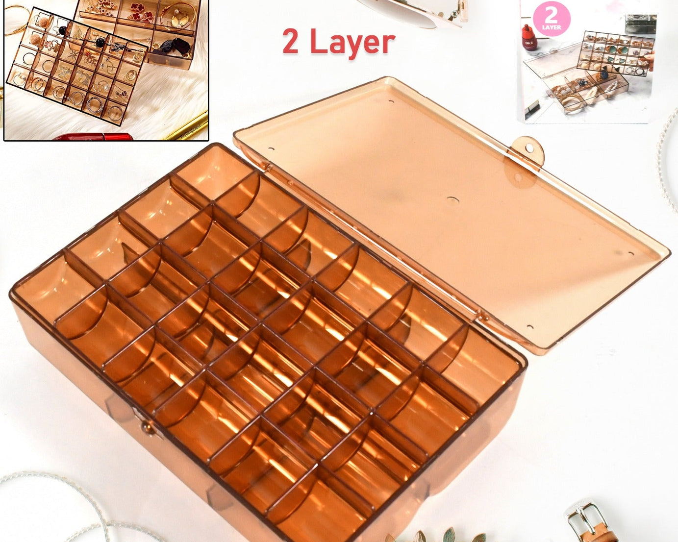 2 layer Acrylic Jewelry Storage Box Dustproof Earring Box, Storage Box Portable Nail Art Storage Case, 24-Grid Small and 6-Grid Big case Makeup Vanity Box (1 Pc / 30 Compartment)