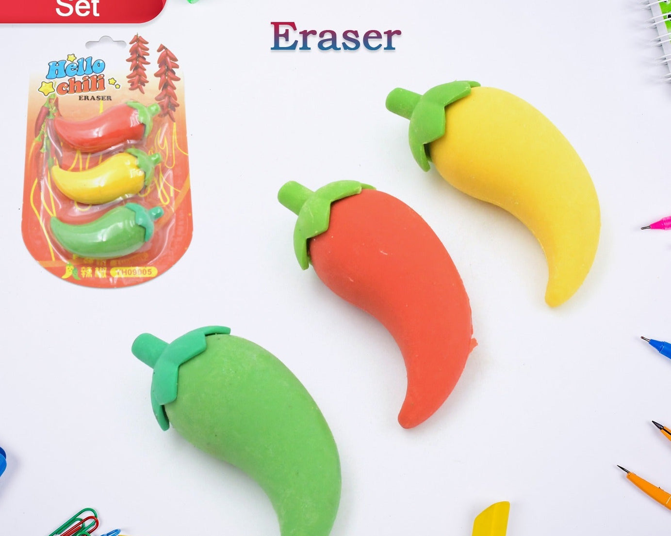 3D Fancy & Stylish Colorful Chili Shape Erasers, Mini Eraser Creative Cute Novelty Eraser for Children Eraser Set for Return Gift, Birthday Party, School Prize, (3 pc Set)