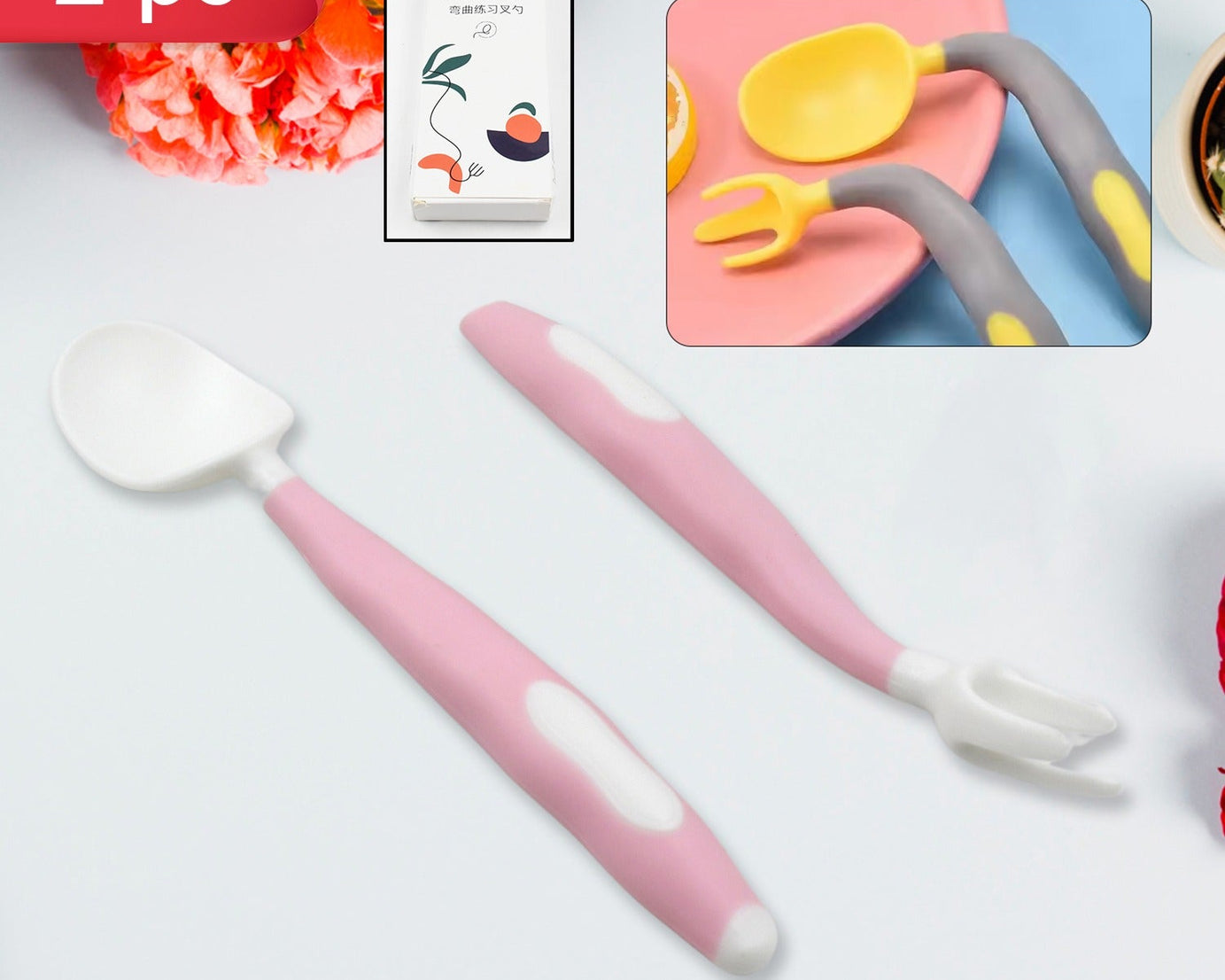 Silicone Bendable Kids Feeding Spoons And Forks, Toddler Utensils with Travel case, Baby Spoon and Fork Set for self-Feeding Learning Bendable Handle for Kid Children Toddlers (2 Pc Set)