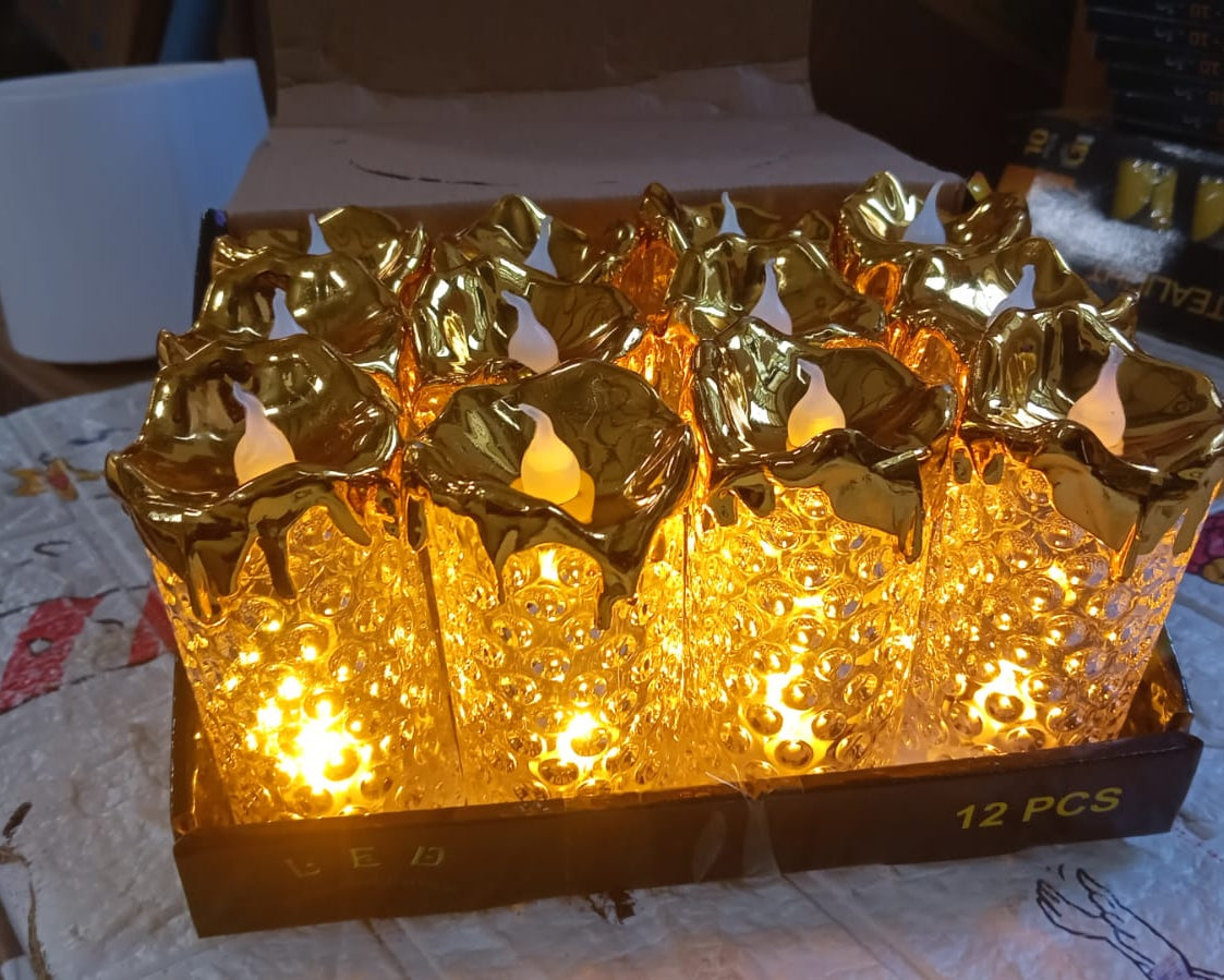 Gold Flameless Candles LED Light Flameless and Smokeless Decorative, Candles Led Tea Light Candle Perfect for Gifting, Home, Diwali,Wedding, Christmas, Crystal Candle Lights, Table Decorations (12 Pc MOQ)