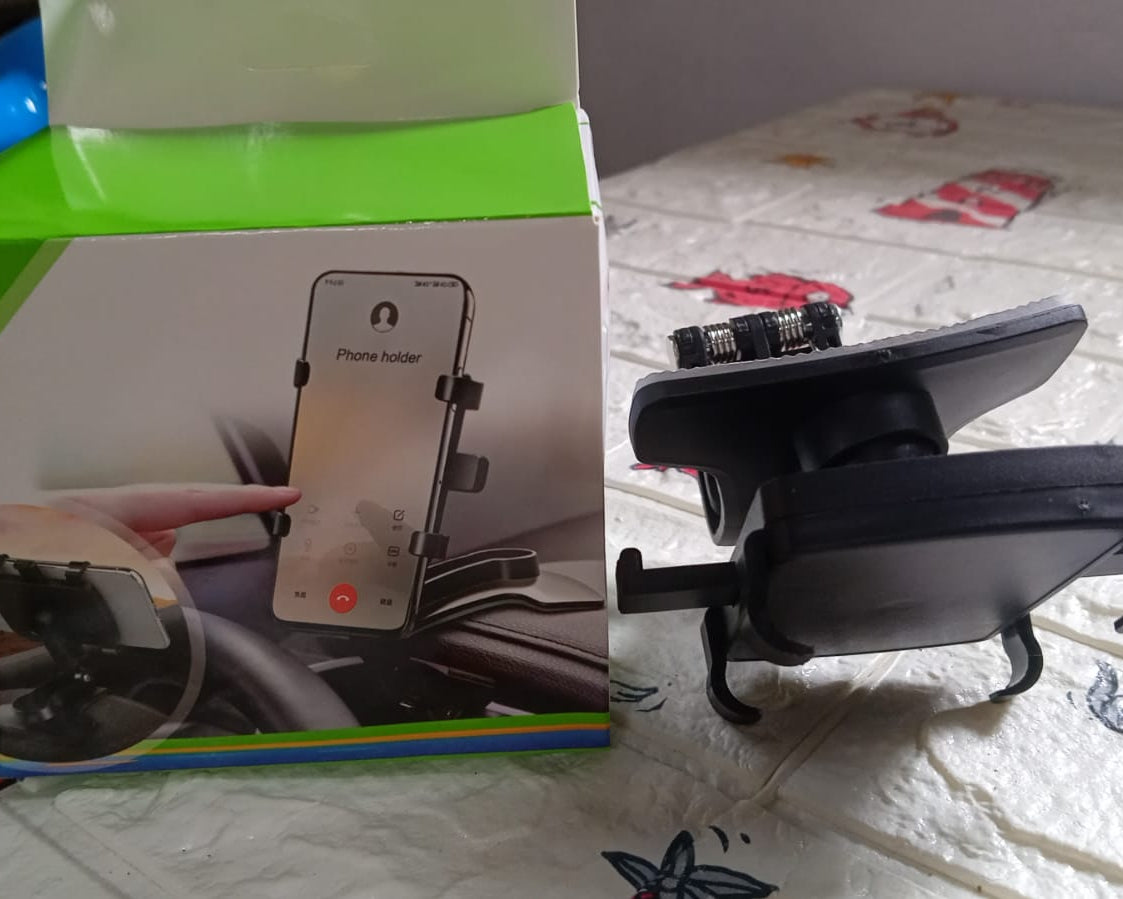 Car Phone Holder Clip Mount 360 Degree Rotation Dashboard Rear View Mirror Sun Visor Smartphone HUD Navigation Fold Stand Plastic Black Compatible For All Smart Phones