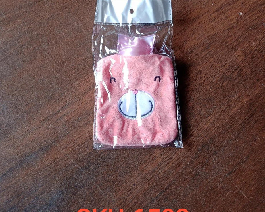Hot water bag with pink cover for menstrual cramps and warmth