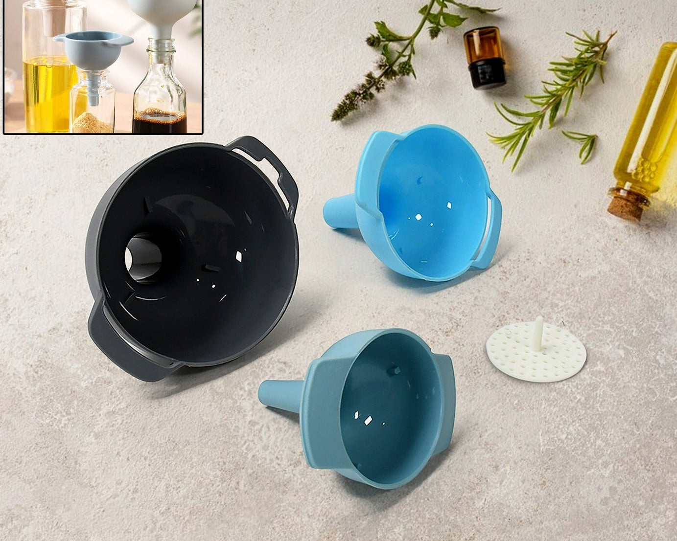 3 in 1 Kitchen Funnel Set of 3, Funnel for Filling Bottle, Small Canning Funnel with Handle, Food Grade Plastic Funnel with Detachable Strainer Filter for Liquid, Dry Ingredients, and Powder