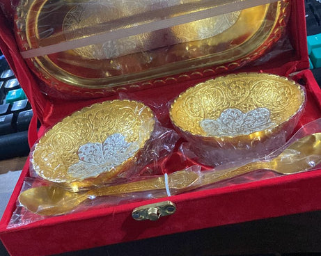 Brass tray set with gold and silver plating, two bowls and spoons, comes in a red velvet box.