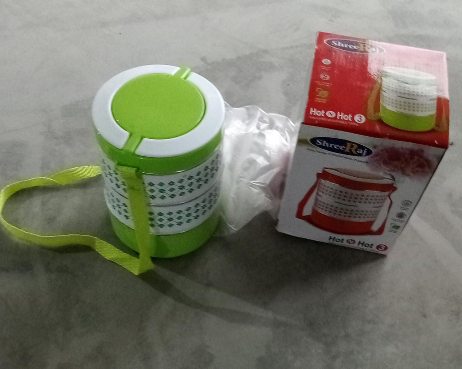 Blue insulated tiffin set with three layers.