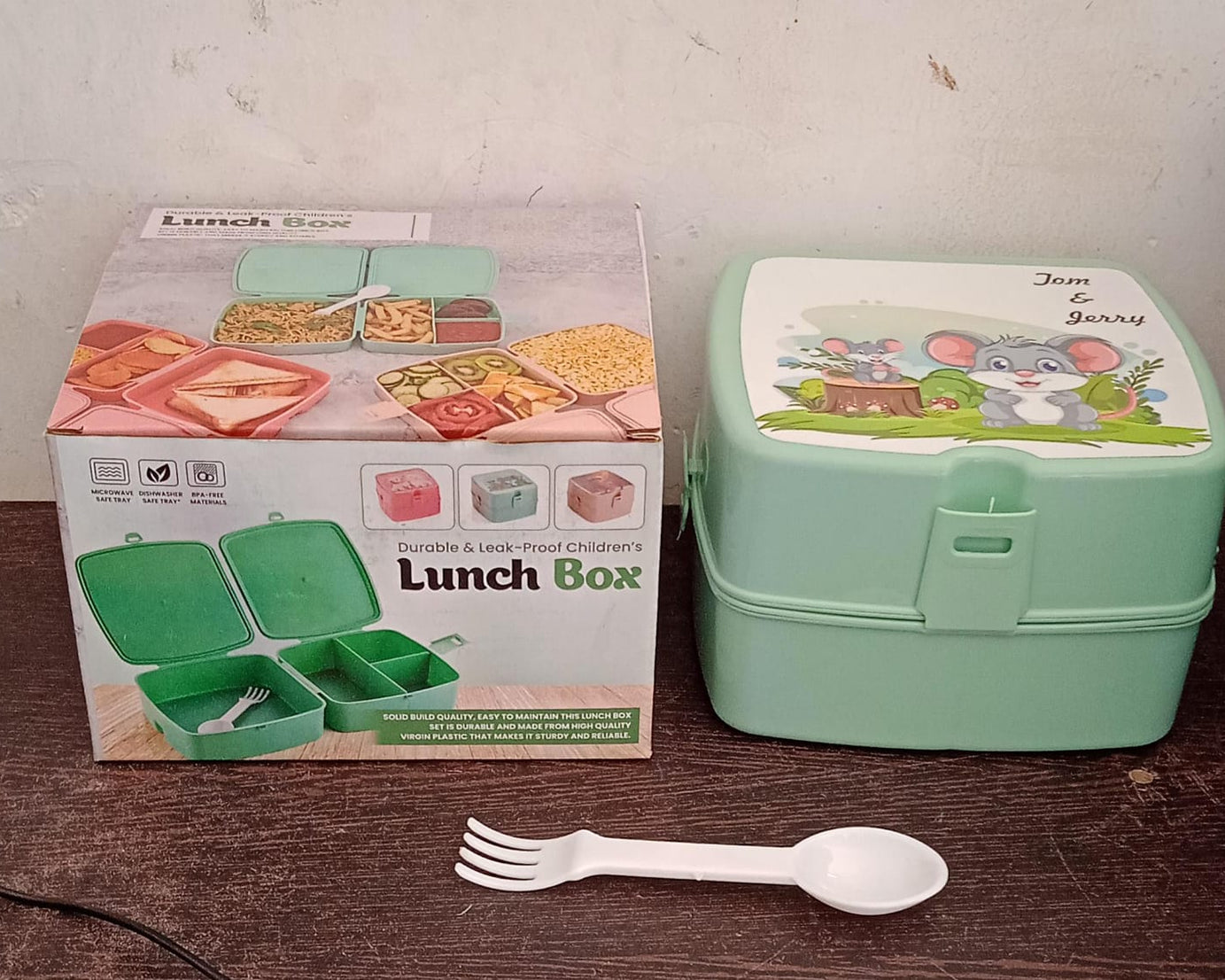 Double-Layer Square Lunch Box with  Spoon , 4 Compartment Tiffin & Push Lock , Plastic Tiffin Box for Travelling, School Kids & Office Exclusive, Home