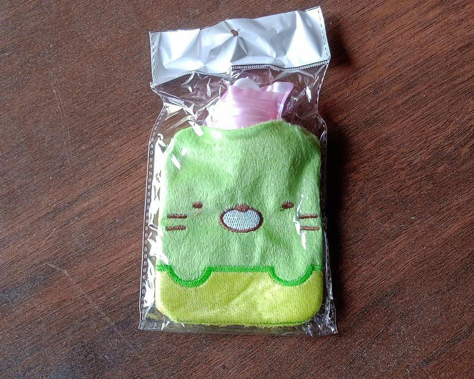 Green Kitty hot water bag for warming and pain relief