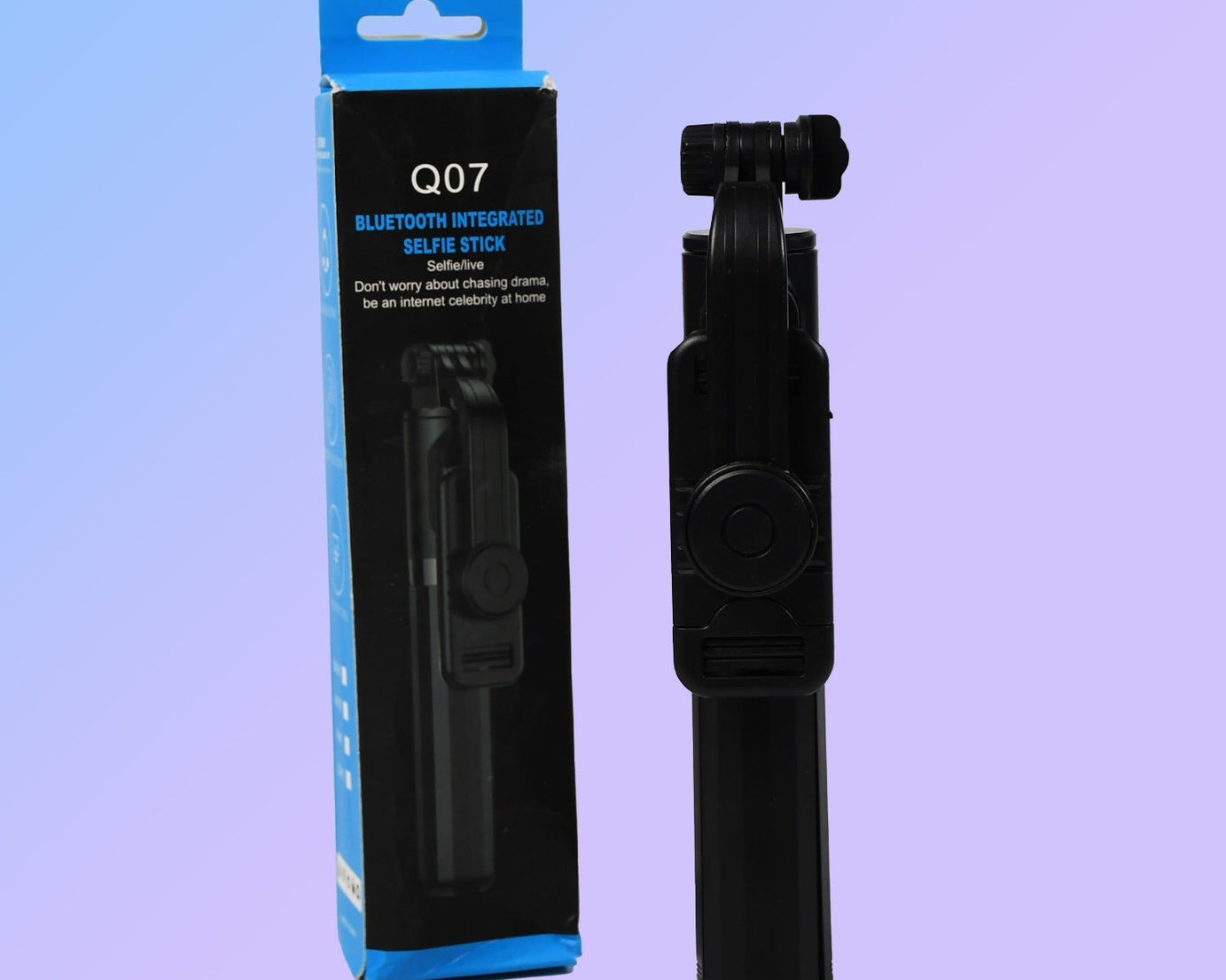 Selfie stick with compact tripod base and Bluetooth remote