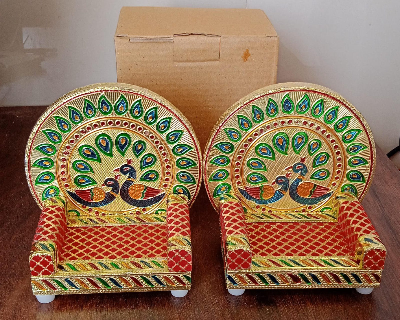 Meenakari Work Laddu Gopal Singhasan for Pooja Mandir Wooden Krishna Ladoo Bal Gopal Sofa Asan, Home Decorative Premium Look Decorative Singhasan Suitable For Home, Office, Restaurant (2 Pc Set)