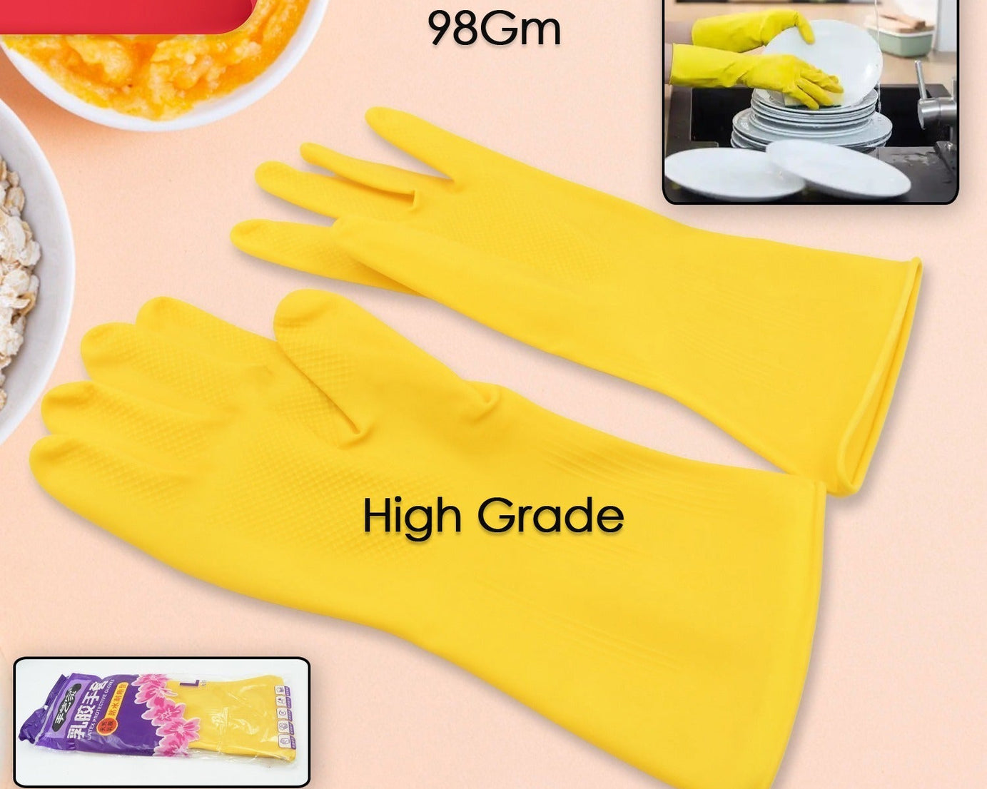 0681 Multipurpose High Grade Rubber Reusable Cleaning Gloves, Reusable Rubber Hand Gloves I Latex Safety Gloves I for Washing I Cleaning Kitchen I Gardening I Sanitation I Wet and Dry Use Gloves (1 Pair 98 Gm)