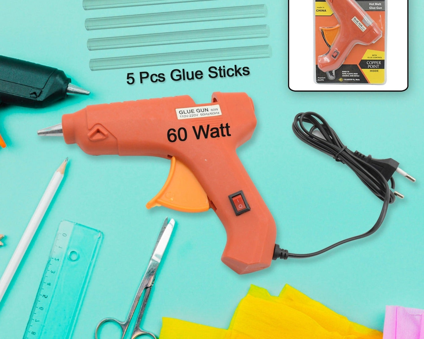 0492 Professional 60 Watt with 5 Pcs Hot Melt Glue Stick & ON / Off Switch, Electric Tool Hot Melt Glue Gun For Multi Use (1 Pc)