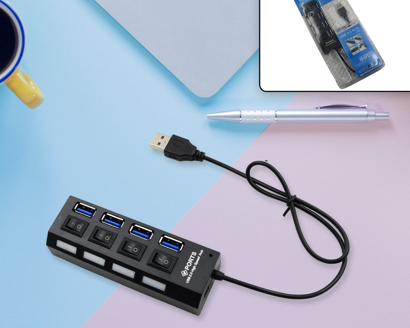 4 Port USB, HUB USB 2.0 HUB Splitter High Speed with On/Off Switch Multi LED Adapter Compatible with Tablet Laptop Computer Notebook
