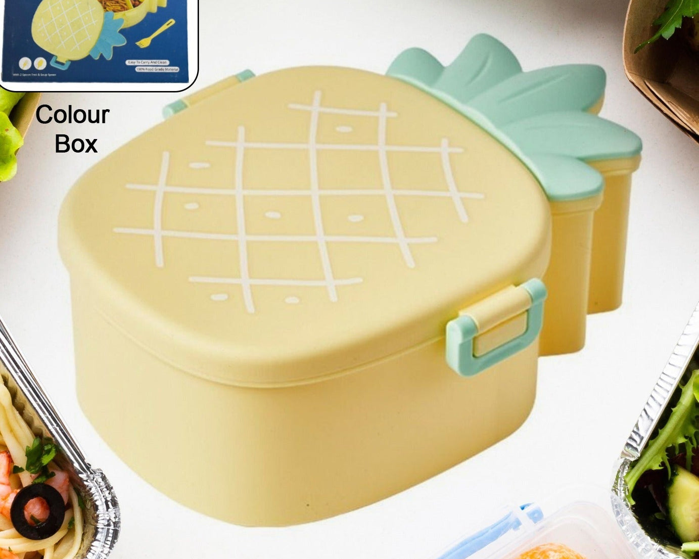 Kids Lunch Box Cute Pineapple Shaped Bento Box with Fork Spoon Snack Candy Container Microwave Portable Office Lunch Box (1 Pc / With Spoon, Fork & Color Box)