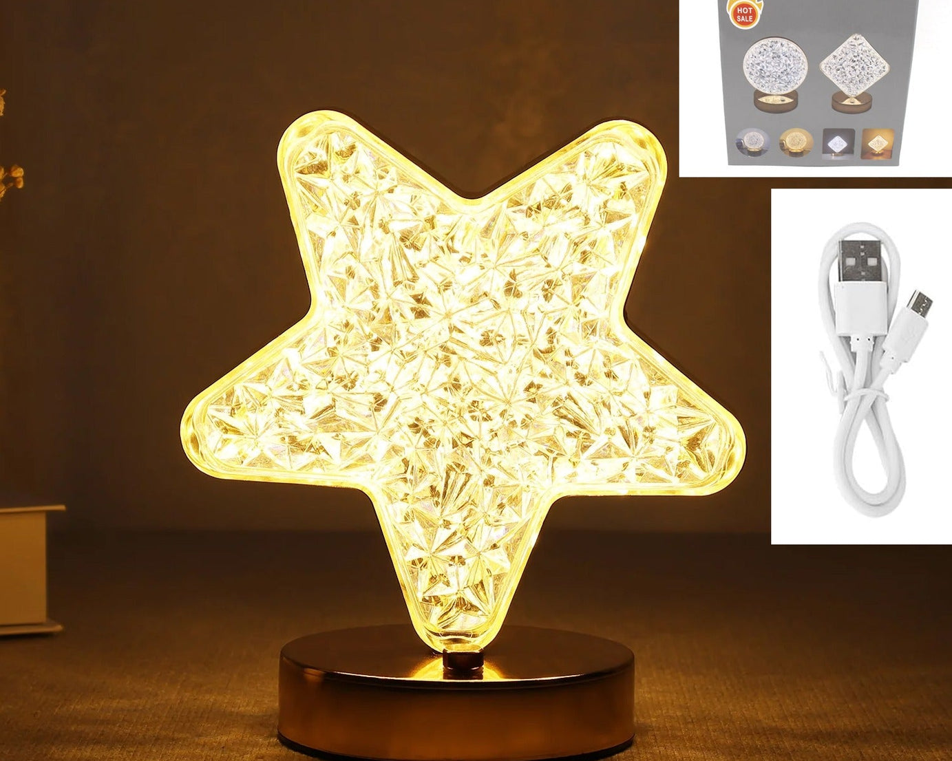 Star Shape Crystal Diamond Lamp Cordless Luxury Lamp with USB Rechargeable, 3-Way Dimmable & Touch Control Decorative Nightstand Lamp for Bedroom, Living Room, Party, Restaurant Decor (1 Pc )