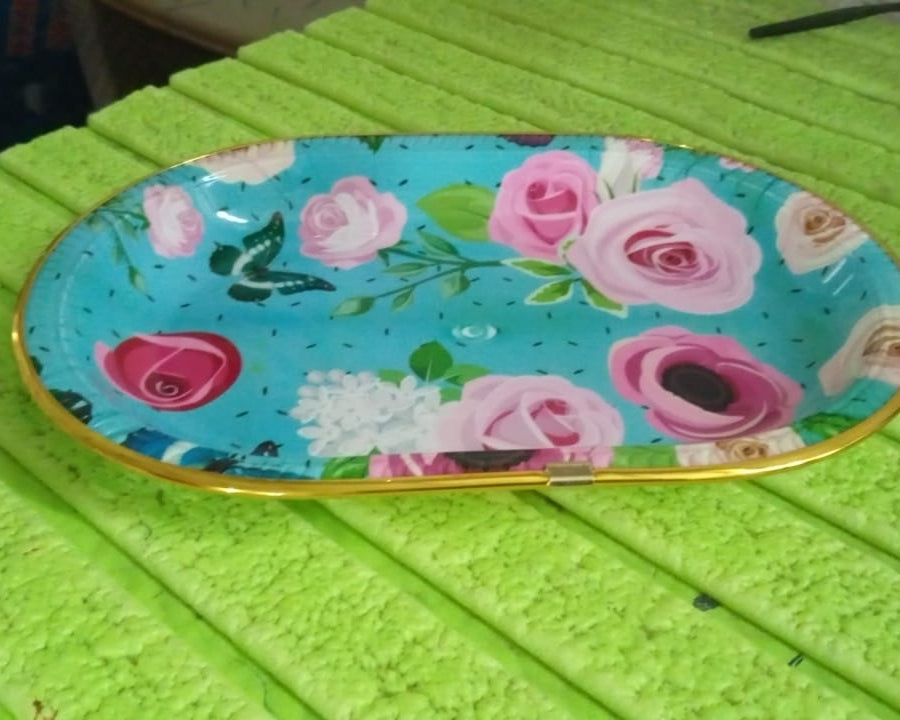 Medium Plastic Flower Printed Design Serving Tray (1 Pc / 31 x 21 CM / Mix Color)