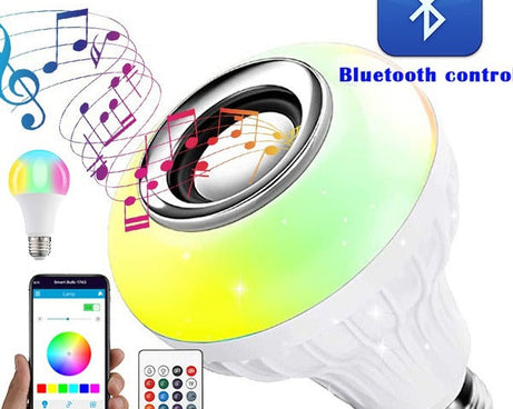 Music-enabled Bluetooth LED bulb with color-changing feature.