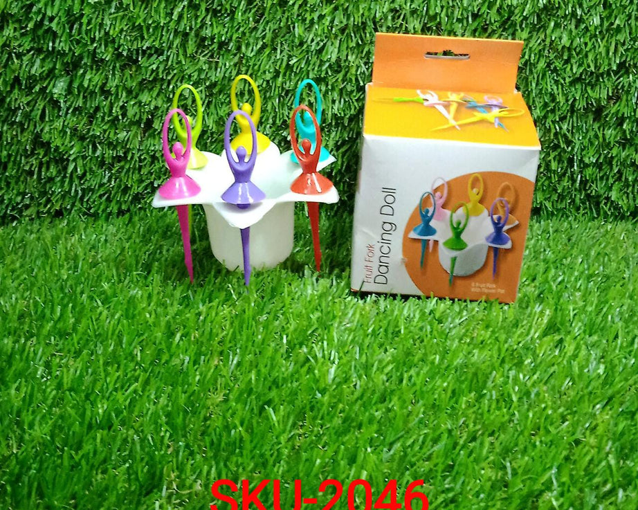 Dancing doll fruit fork set, includes stand for presentation