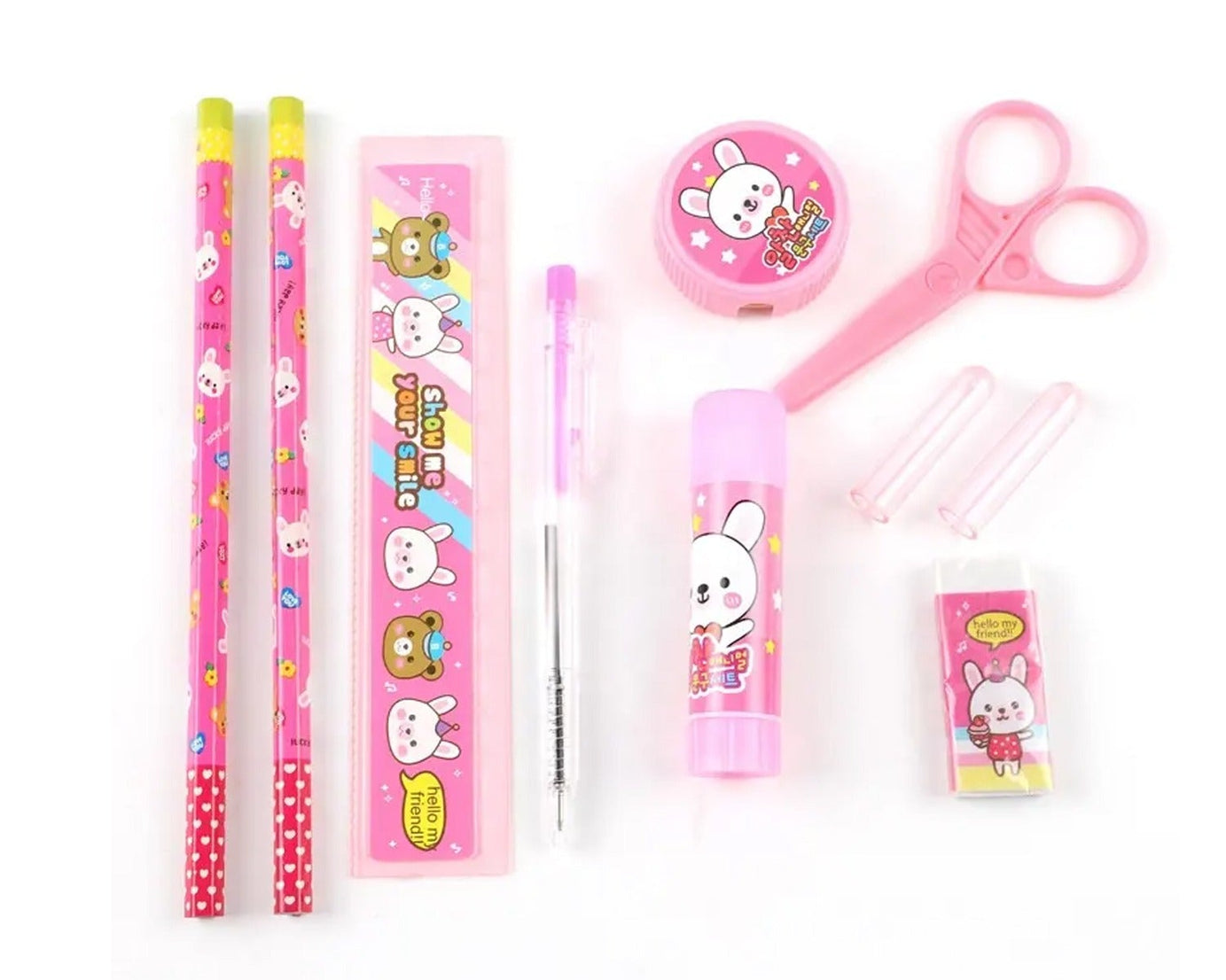 10 Pcs Set Stationary Set Including Pencil Ruler Rubber Pencil Sharpener Glue Ballpoint Pen Scissors Pencil Cover, School, Office Product Gift