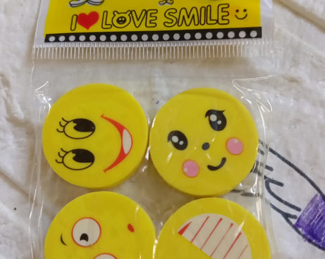 Cute Smile Emoji Erasers, Cute Smile Face Rubber Eraser Dentist Dental Clinic School Kid for School Going Kids/Birthday Party Return Gift Set (4pc Set)