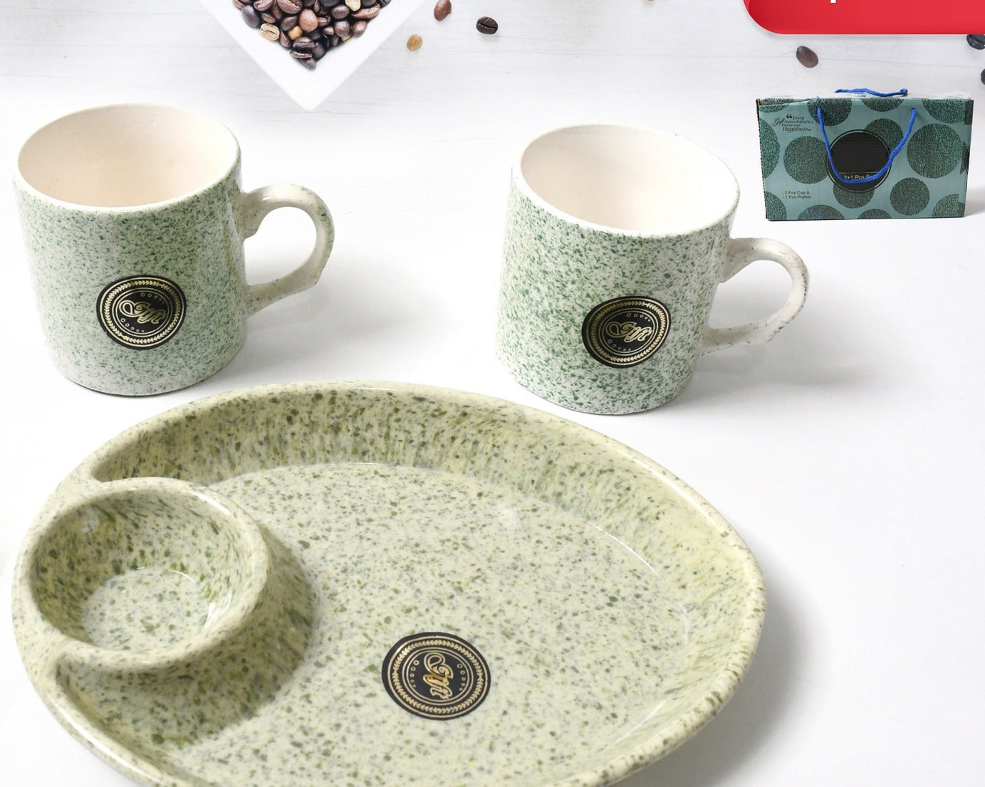 Alpino Ceramic Tea / Cups Set With Plastic Serving 2 Compartment Platter, Milk Cup / Mug, Coffee Cup, Tea Cup BPA Free Food Grade, or Outdoor for Household Gift For Birthday (3 Pcs Set)