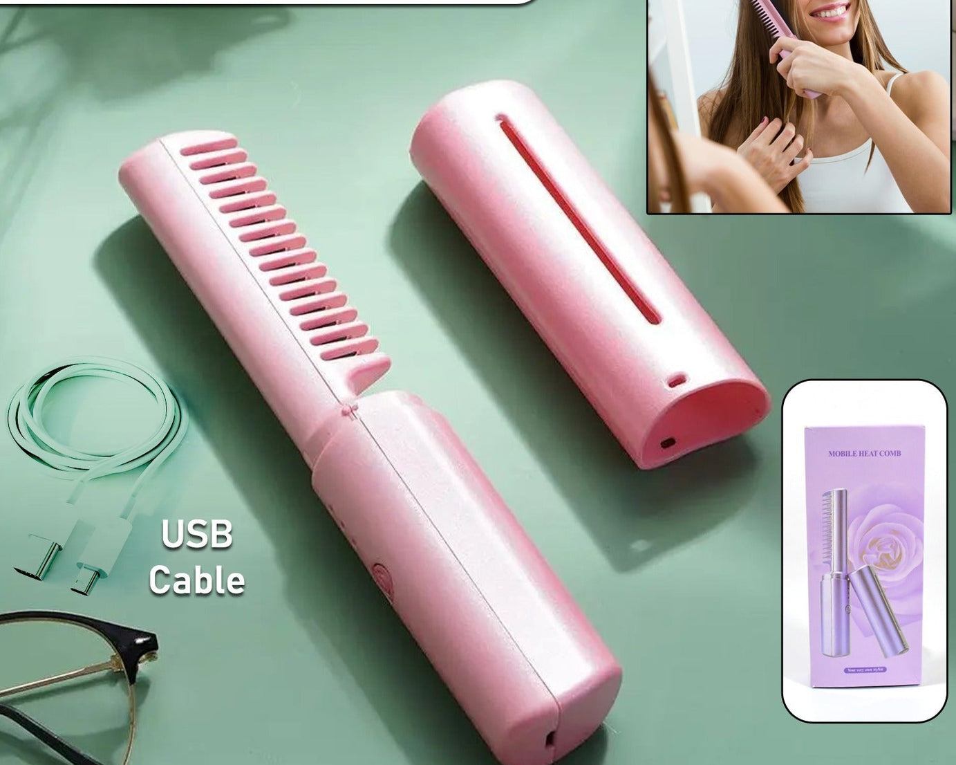 Rechargeable Mini Hair Straightener, Travel Portable USB Charging Cordless Hair Straightener Bursh, Three Temperature Adjustments Flat Iron Comb (1 Pc)