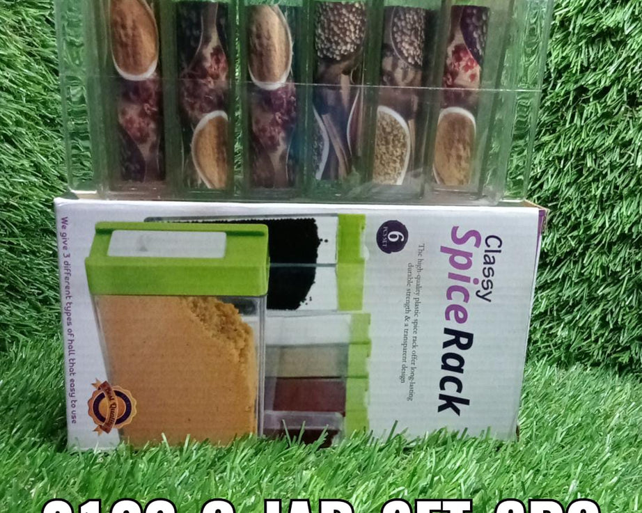 Assorted plastic spice jars with bright, colorful lids