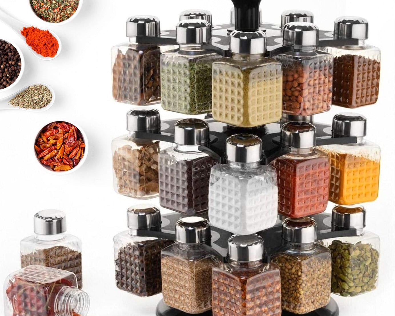 360° Revolving Spice Rack | 24-Piece Square Container Set | All-New Design for Condiments