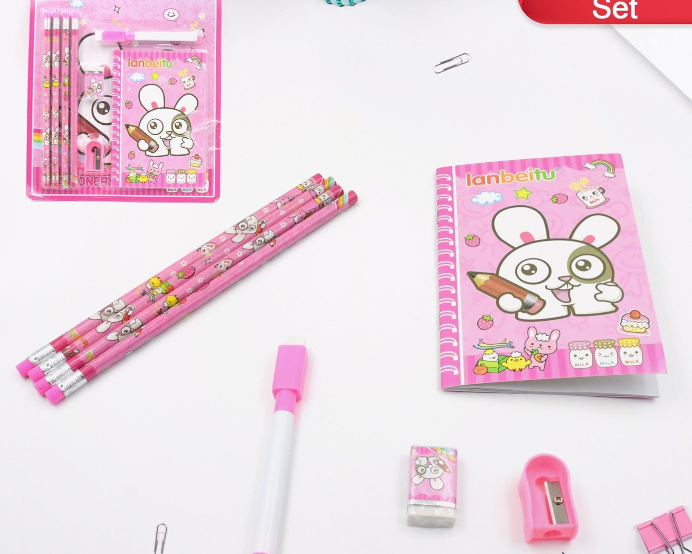 Kids' Stationery Kit: Wooden Pencils, Sharpener, Eraser, Diary (8 Pc Set)