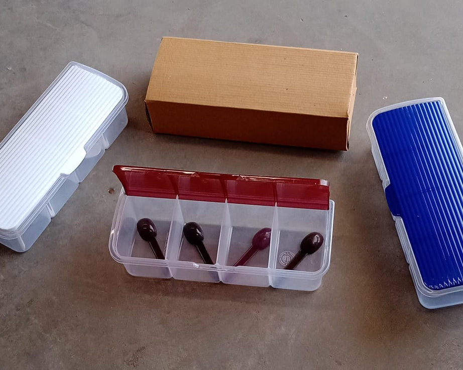 Kitchen Multipurpose Air-tight 4 Sections Storage Containers / Masala Box Pickle (Achar) Jar with 4 spoon for each section (1 Pc / Mix Color)