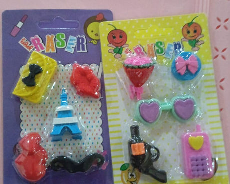 Mix Design 1 Set Fancy & Stylish Colorful Erasers for Children Different Designs & Mix, Eraser Set for Return Gift, Birthday Party, School Prize (1 Set)