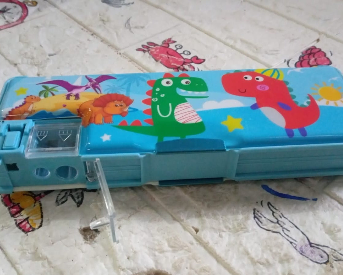 Multipurpose Compass Box, Plastic Double Deck Pencil Case with 2 Compartments, Supplies Utility Box Storage Organizer, Pencil Box for School, Cartoon Printed Pencil Case for Kids, Birthday Gift for Girls & Boys (1 Pc Mix Design)