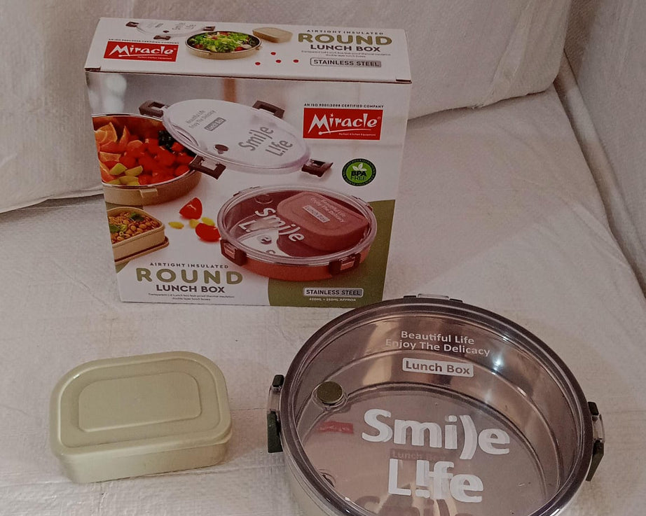 Miracle Stainless Steel Round Lunch Box, with Small Plastic Box Insert Leak Proof Lunch Box with Transparent lid, Lunch Box for Kids & Adults for School, Office (450 ML + 250 ML Approx)