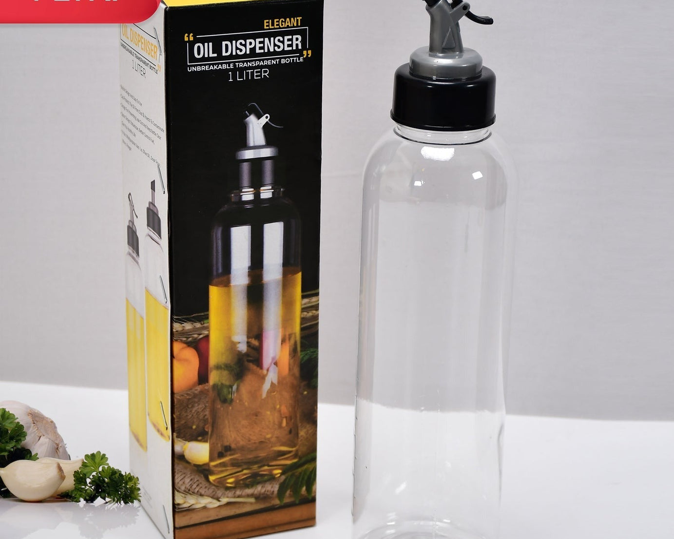 Clear oil dispenser with lid and controlled spout