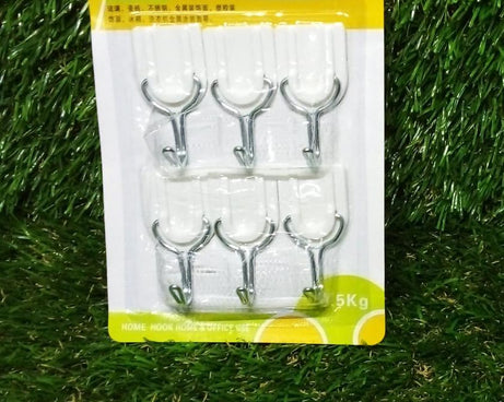 Adhesive wall hook for hanging various items.