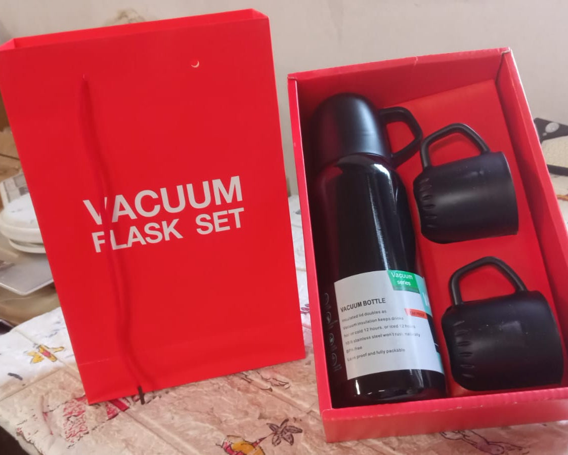 Vacuum Flask Set Stainless Steel Thermos With 3 Cup Creative Gift Set With Cover Handle Portable Car Water Bottle Set (Approx 500ml)
