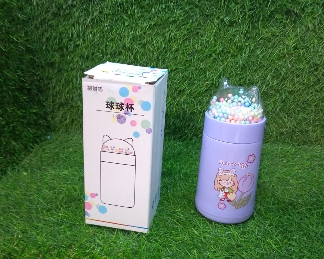 Girl Glass Water Bottle for School with Kid Sparkle Strap Cat Lid Sequins Glitter Glass Cup Birthday Gift Children 350ml (MOQ :- 75 pc)