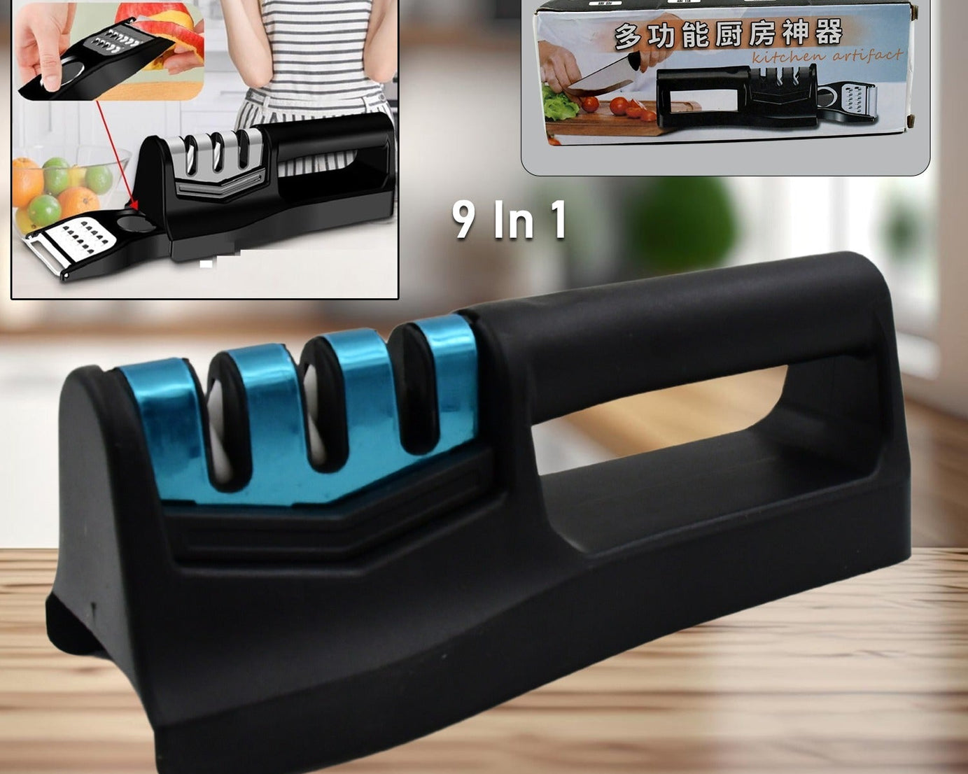 Knife Sharpener for Kitchen | Knife Sharpener with Vegetable Chopper and Fish Scale Remover | Handheld Knives & Pocket Knife Sharpener | Knife Sharpener for Chefs & Serrated Knife (9in1)