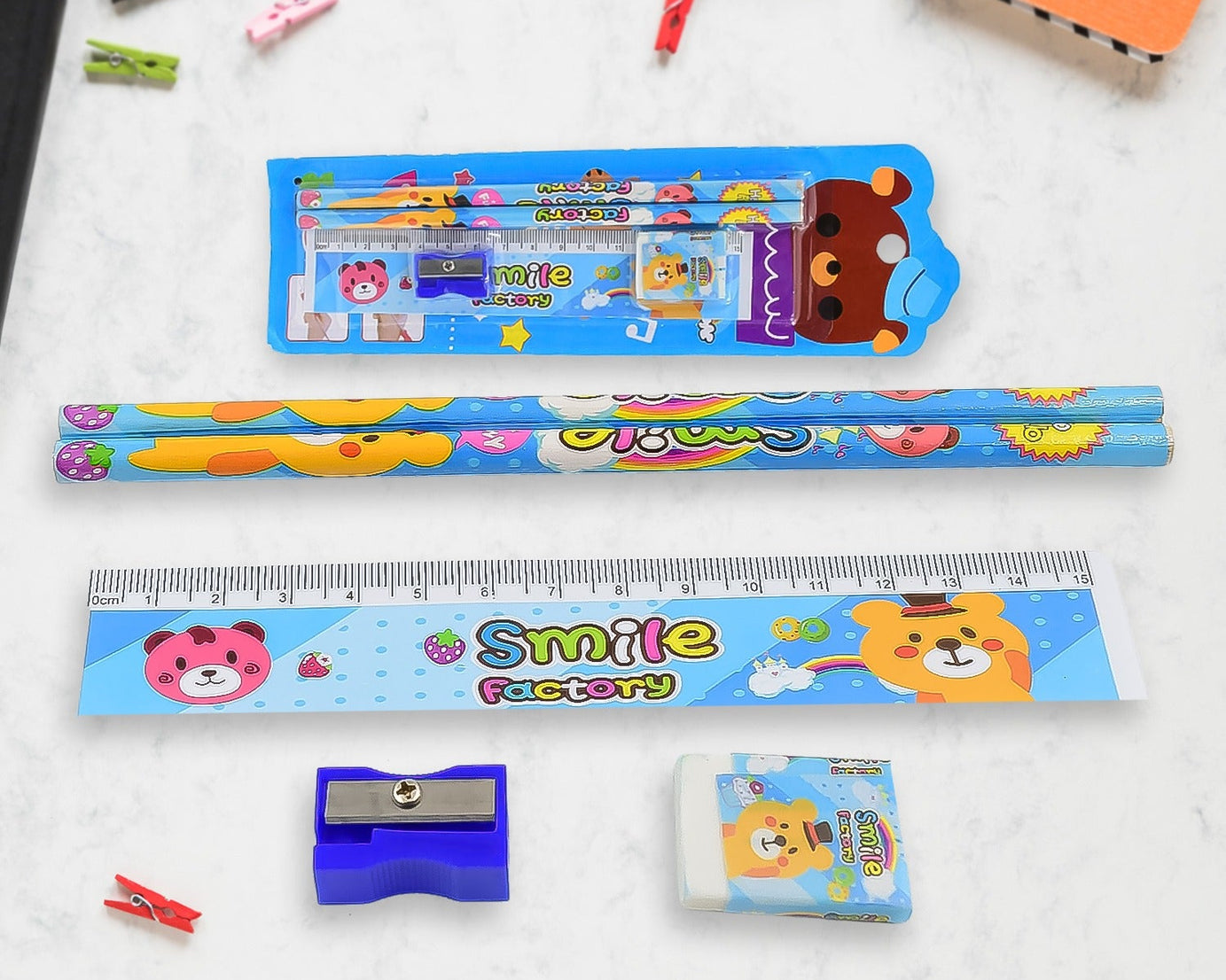 Cartoon Wooden Pencil Set for Kids Boys Return Gifts Birthday Party Space Stationary Set Pencil Eraser Sharpener Combo Kit for Kids Boys (Mix Color / 1 Set)