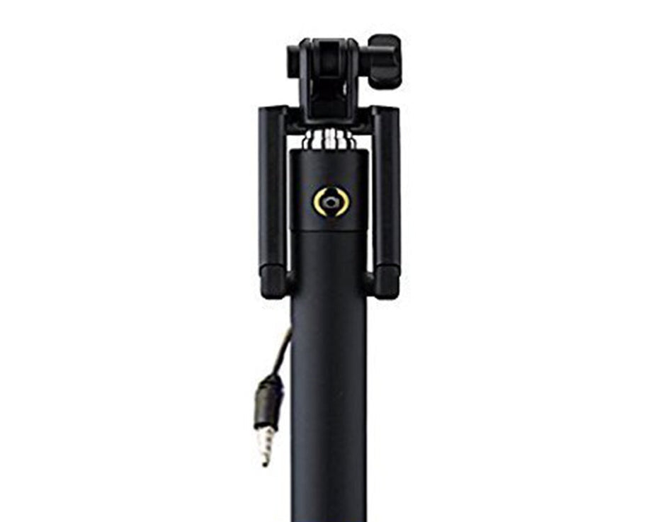 Compact selfie stick for smartphones with aux wire.