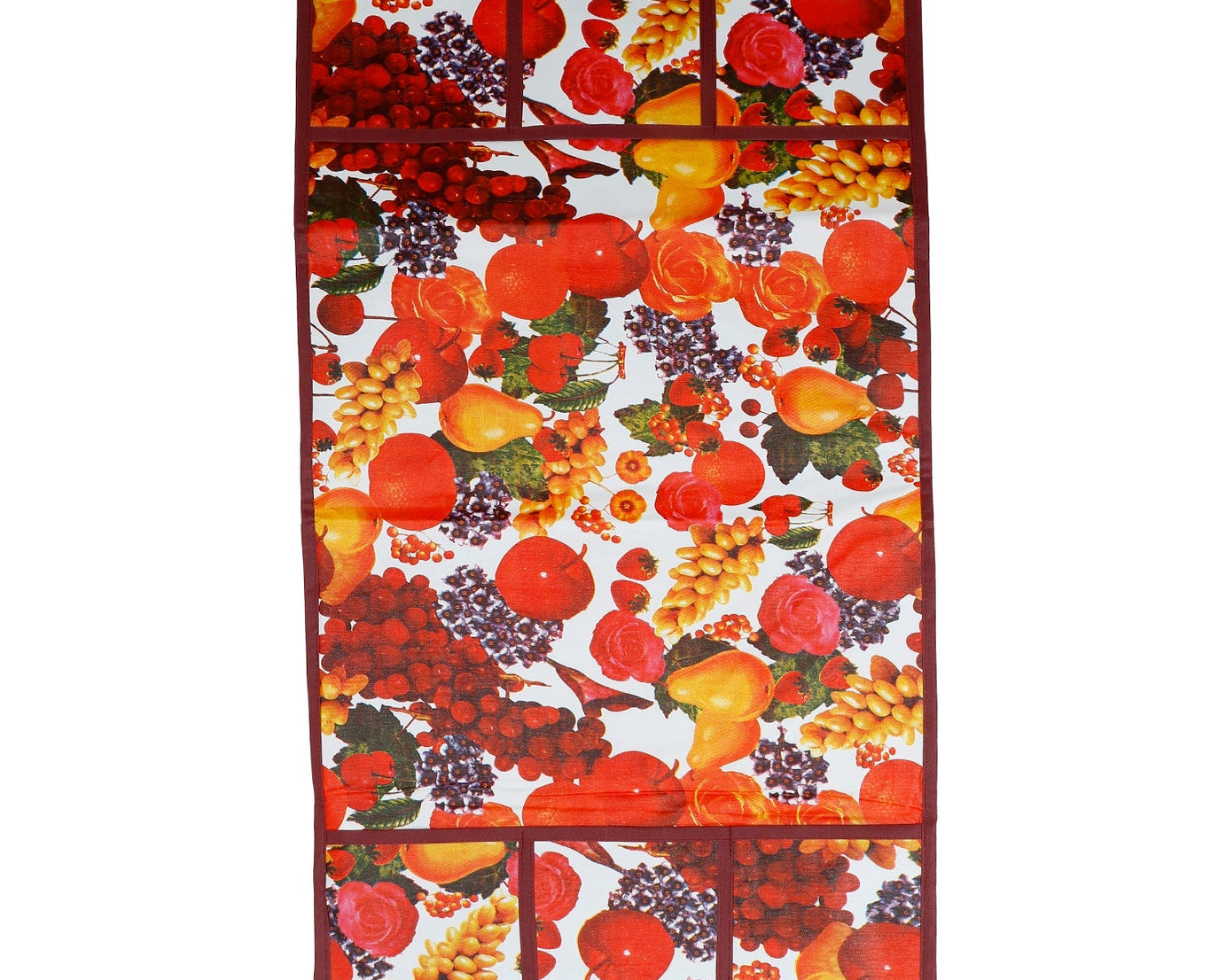PVC cover for refrigerator top with a maroon and white fruit pattern.